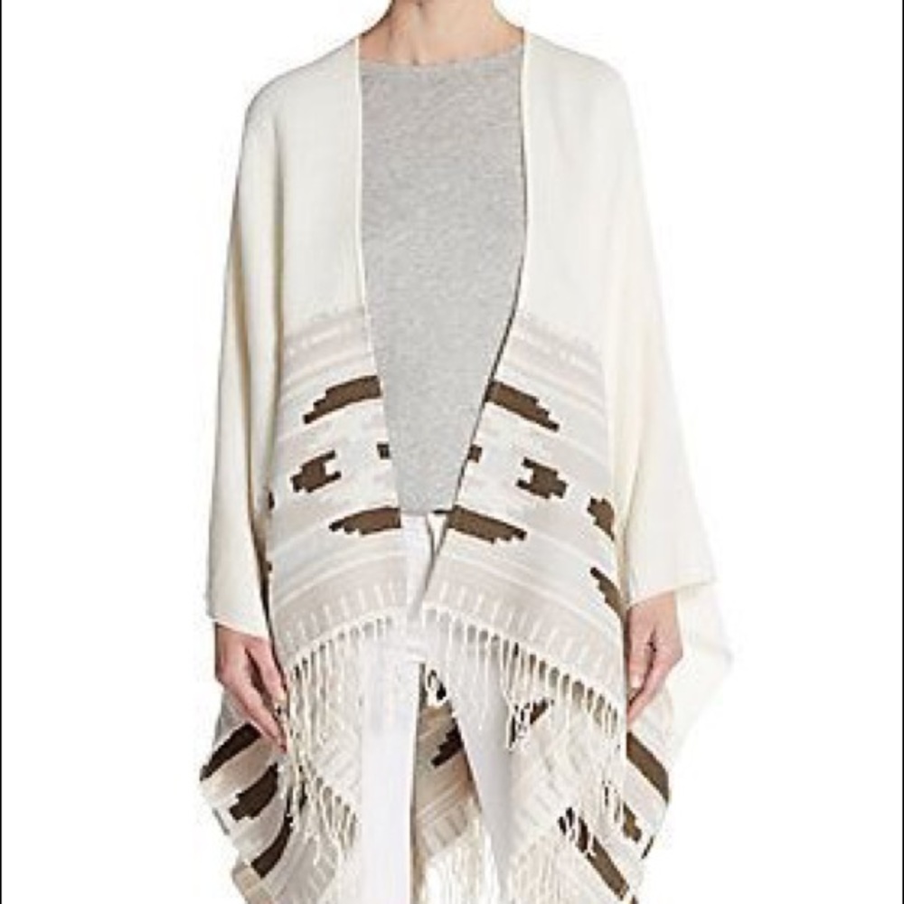 Off white cream beige tan camel light brown Vince Camuto weave fringe poncho